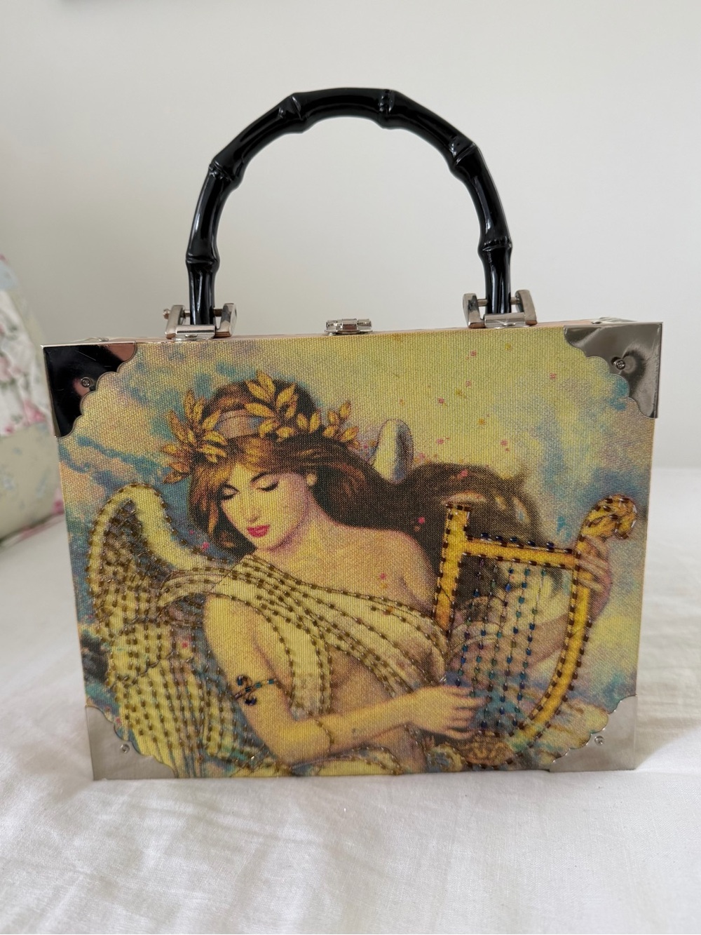 Toni Vance Double Chateau Cigar Box Angel Top-Handle Bag Art Nouveau Angel Harp